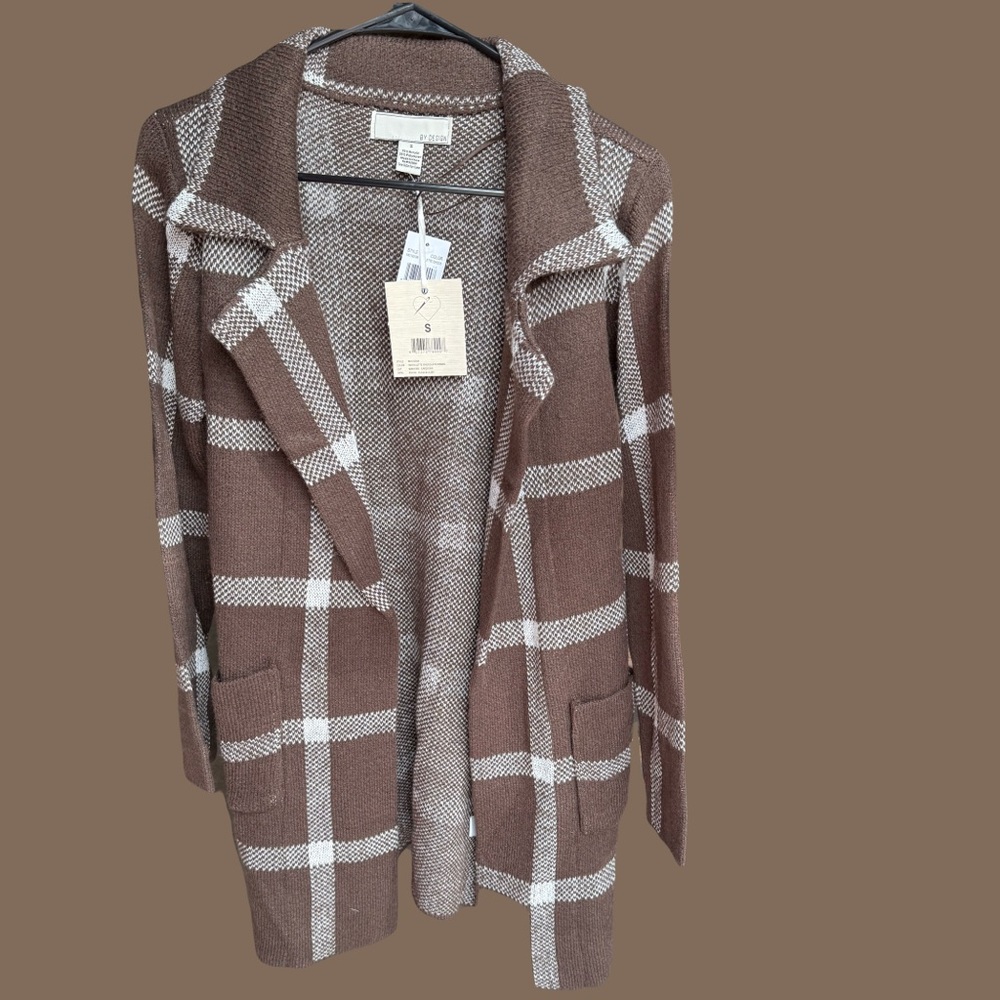 Brown and White Windowpane Plaid Cardigan Sweater